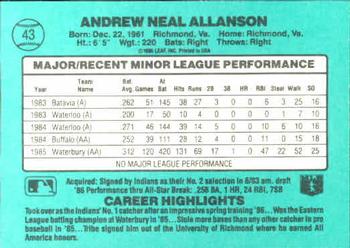 1986 Donruss The Rookies #43 Andy Allanson Back