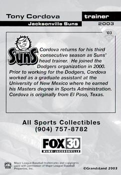 2003 Grandstand Jacksonville Suns #NNO Tony Cordova Back