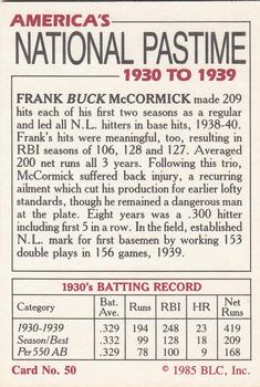 1985 Big League Collectibles America's National Pastime #50 Frank McCormick Back