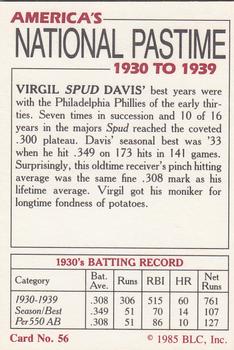 1985 Big League Collectibles America's National Pastime #56 Virgil Spud Davis Back