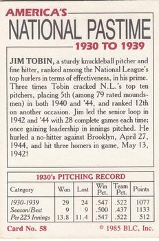 1985 Big League Collectibles America's National Pastime #58 Jim Tobin Back