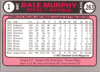 1987 Baseball Cards Magazine Repli-cards #1 Dale Murphy Back