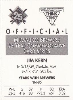 1994 Miller Brewing Milwaukee Brewers #NNO Jim Kern Back