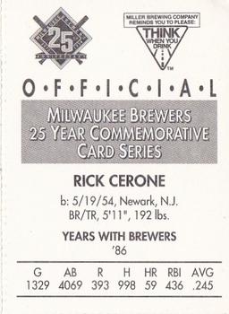 1994 Miller Brewing Milwaukee Brewers #NNO Rick Cerone Back
