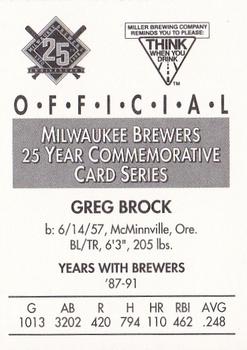 1994 Miller Brewing Milwaukee Brewers #NNO Greg Brock Back