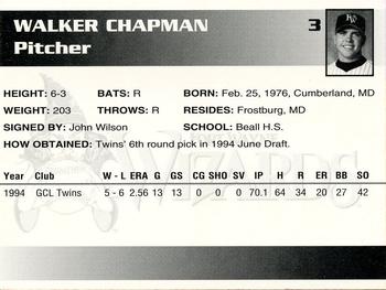 1995 Fort Wayne Wizards #3 Walker Chapman Back