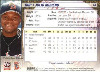 2001 Choice Binghamton Mets #16 Julio Moreno Back