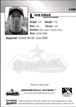 2008 Choice Greeneville Astros #8 Luis Cruz Back