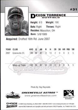 2008 Choice Greeneville Astros #31 Devon Torrence Back