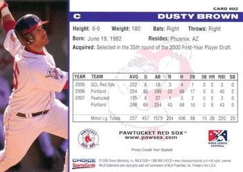 2008 Choice Pawtucket Red Sox #2 Dusty Brown Back