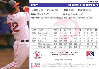 2008 Choice Pawtucket Red Sox #6 Keith Ginter Back