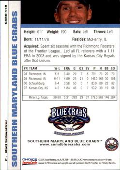2008 Choice Southern Maryland Blue Crabs #18 Matt Schweitzer Back