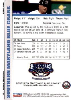 2008 Choice Southern Maryland Blue Crabs #19 Adam Shorsher Back