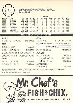 1977 Mr. Chef's San Jose Missions #5 Milt Ramirez Back