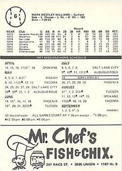 1977 Mr. Chef's San Jose Missions #6 Mark W. Williams Back