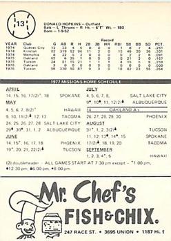 1977 Mr. Chef's San Jose Missions #13 Don Hopkins Back