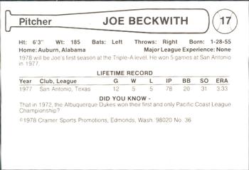 1978 Cramer Albuquerque Dukes #36 Joe Beckwith Back