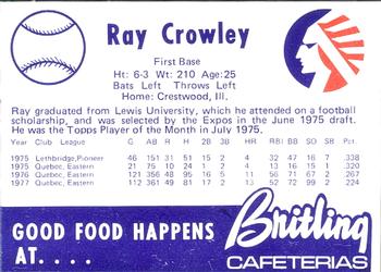 1978 Britling Cafeterias Memphis Chicks #NNO Ray Crowley Back