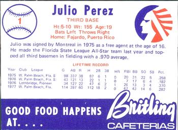 1978 Britling Cafeterias Memphis Chicks #1 Julio Perez Back
