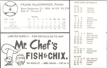 1978 Mr. Chef's San Jose Missions #4 Frank MacCormack Back