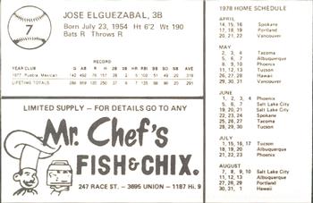 1978 Mr. Chef's San Jose Missions #7 Jose Elguezabal Back