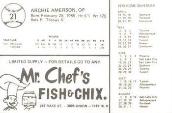 1978 Mr. Chef's San Jose Missions #21 Archie Amerson Back