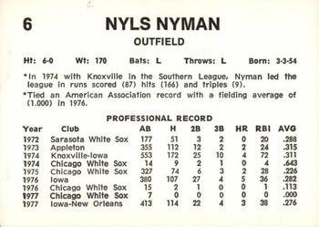 1978 Wiener King Springfield Redbirds #6 Nyls Nyman Back