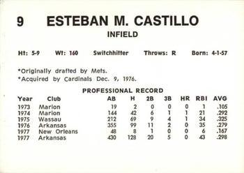 1978 Wiener King Springfield Redbirds #9 Manny Castillo Back