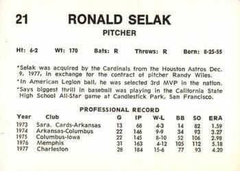 1978 Wiener King Springfield Redbirds #21 Ron Selak Back
