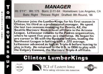 1997 Grandstand Clinton LumberKings #26 Tom LeVasseur Back
