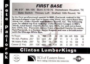 1997 Grandstand Clinton LumberKings #15 Pete Paciorek Back