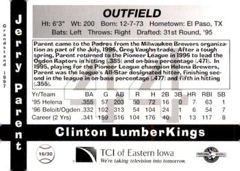 1997 Grandstand Clinton LumberKings #16 Jerry Parent Back