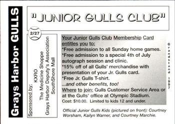 1997 Grandstand Grays Harbor Gulls #NNO Junior Gulls Club Back