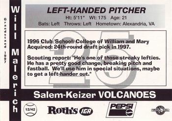 1997 Grandstand Salem-Keizer Volcanoes #12 William Malerich Back