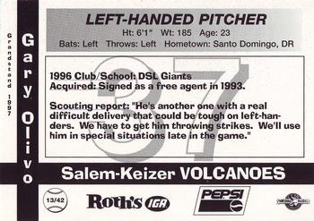 1997 Grandstand Salem-Keizer Volcanoes #13 Gary Olivo Back