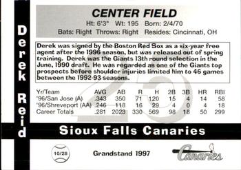 1997 Grandstand Sioux Falls Canaries #NNO Derek Reid Back