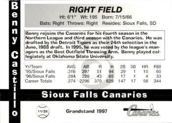 1997 Grandstand Sioux Falls Canaries #NNO Benny Castillo Back