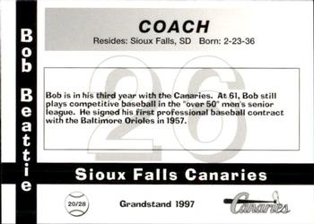 1997 Grandstand Sioux Falls Canaries #NNO Bob Beattie Back