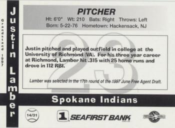 1997 Grandstand Spokane Indians #14 Justin Lamber Back