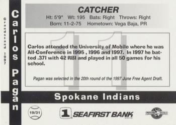 1997 Grandstand Spokane Indians #19 Carlos Pagan Back