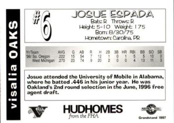 1997 Grandstand Visalia Oaks #NNO Josue Espada Back