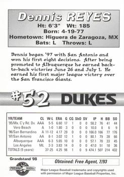 1998 Grandstand Albuquerque Dukes #NNO Dennis Reyes Back