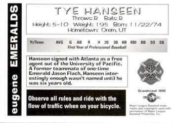 1998 Grandstand Eugene Emeralds #NNO Tye Hanseen Back