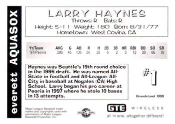 1998 Grandstand Everett AquaSox #NNO Larry Haynes Back
