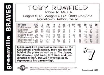 1998 Grandstand Greenville Braves #NNO Toby Rumfield Back