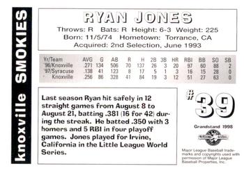 1998 Grandstand Knoxville Smokies #NNO Ryan Jones Back