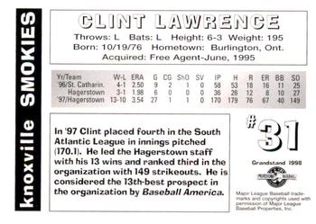 1998 Grandstand Knoxville Smokies #NNO Clint Lawrence Back