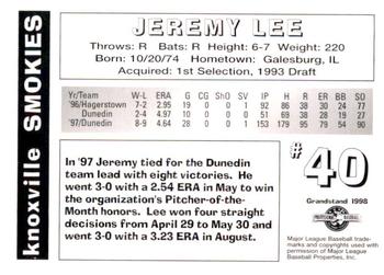 1998 Grandstand Knoxville Smokies #NNO Jeremy Lee Back