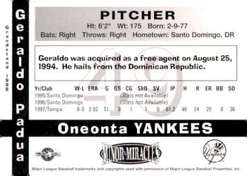 1998 Grandstand Oneonta Yankees #NNO Geraldo Padua Back