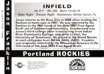 1998 Grandstand Portland Rockies #NNO Jason Franklin Back